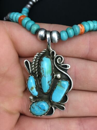 Navajo Blue Turquoise and Spiny Oyster Multi-Stone Pendant Necklace | Authentic Native American Sterling Silver | 21" | 4886 - Masha USA