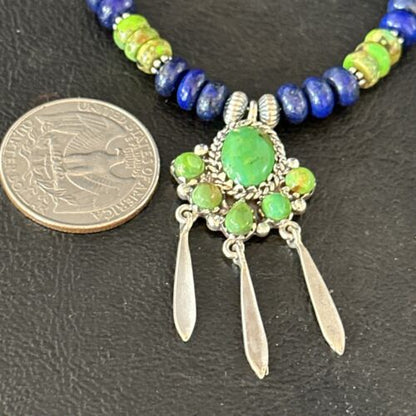 Navajo Green Turquoise Lapis Multi-Stone Necklace Pendant | Authentic Native American Sterling Silver | 14615