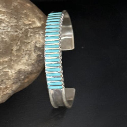 Zuni Blue Turquoise Inlay Cuff Bracelet | Sterling Silver | Authentic Native American Handmade | 14588