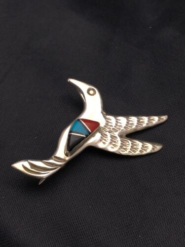 Navajo Hummingbird Pin | Turquoise & Coral | Sterling Silver | Authentic Native American Handmade | 2899