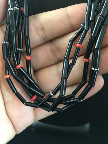 Navajo Black Onyx Coral Turquoise Bead Necklace | 5 Strand Sterling Silver | 19" | 10038