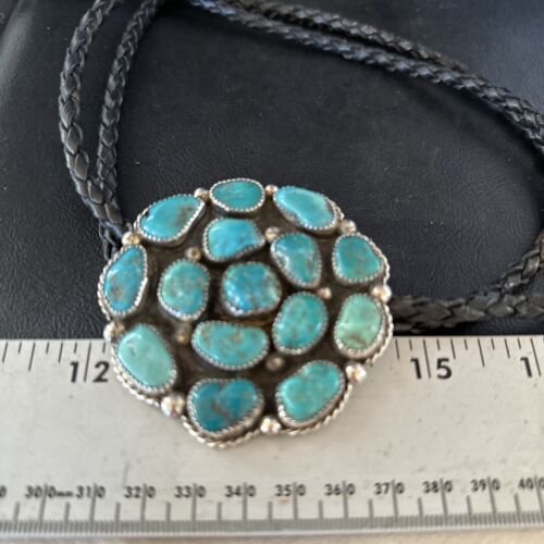 Men's Bolo Tie | Cluster Blue Kingman Turquoise | Sterling Silver | Navajo | Authentic Native American Handmade | 14524