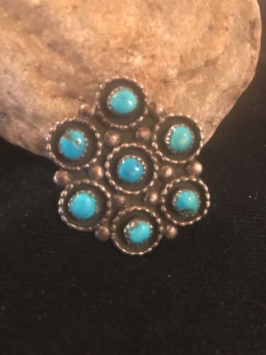 Native American Kingman Turquoise Cluster Pin | Navajo Sterling Silver | 8017
