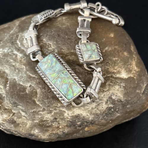 Native Old Pawn White Opal Inlay Link Bracelet 8” Sterling Silver 14259