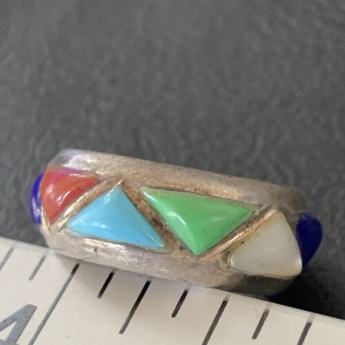 Navajo Multi-Color Turquoise Lapis Coral Mother of Pearl Inlay Ring | Sterling Silver | Sz 5.5 | 12399