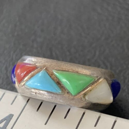 Navajo Multi-Color Turquoise Lapis Coral Mother of Pearl Inlay Ring | Sterling Silver | Sz 5.5 | 12399