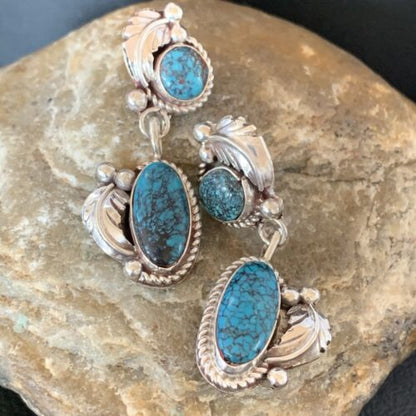 Handmade Navajo Spiderweb Turquoise Dangle Earrings | Sterling Silver | Authentic Native American | 1400