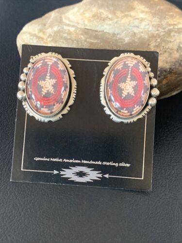 Navajo Red Rug Design Stud Earrings | Sterling Silver | 1" | Authentic Native American Handmade | 13110