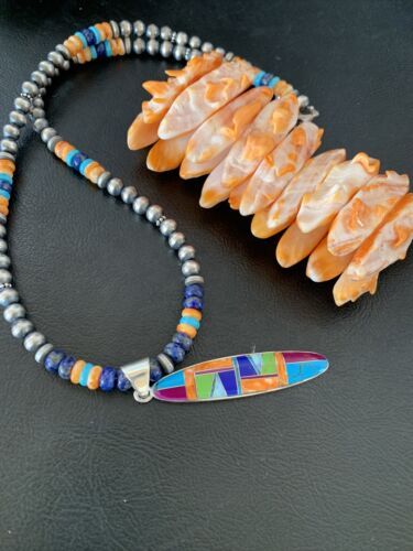Navajo Sterling Silver Turquoise & Spiny Oyster Inlay Multicolor Necklace Pendant | Authentic Native American Handmade | 11638