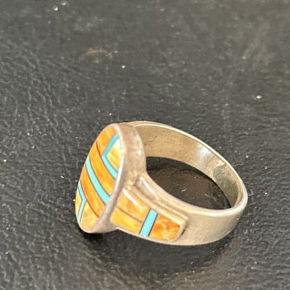 Southwestern Women's Navajo Blue Turquoise Spiny Oyster Inlay Ring | Sz 7 | 14556