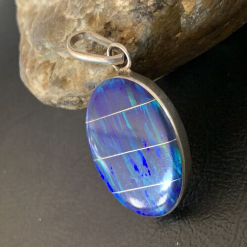 Navajo Sterling Silver Peacock Blue Opal Inlay Pendant | Men's Women's | Authentic Native American | 13141