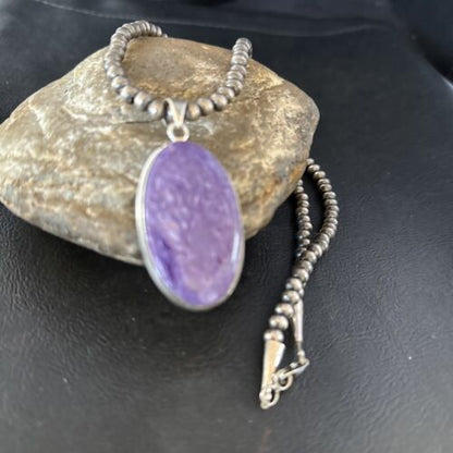 Navajo Pearls Necklace with Purple Charoite Pendant | Sterling Silver | Authentic Native American Handmade | 14464