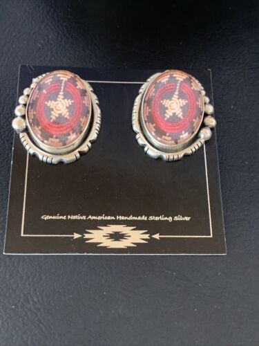 Navajo Red Rug Design Stud Earrings | Sterling Silver | 1" | Authentic Native American Handmade | 13110