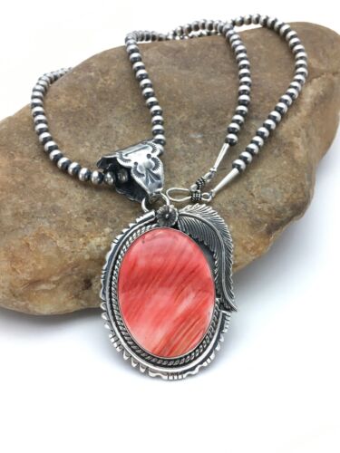 Navajo Red Spiny Oyster Pendant Necklace Set | Sterling Silver | Authentic Native American Handmade | Yazzie | 2879