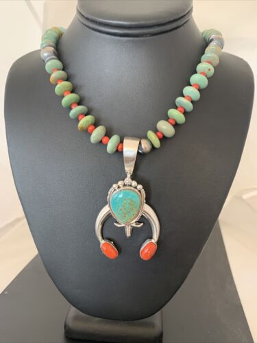 Navajo Royston Turquoise Coral Naja Pendant Necklace | Authentic Native American Sterling Silver | Naja | 1402