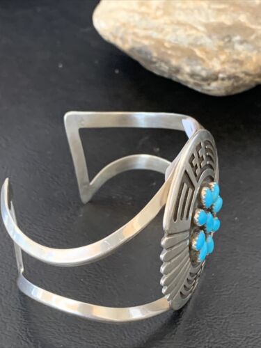 Navajo Sterling Silver Kingman Turquoise Cuff Bracelet | Men's Cluster | Blue | 1651