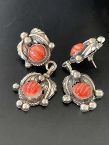 Navajo Red Spiny Oyster Dangle Earrings | Sterling Silver | Authentic Native American Handmade | 2063