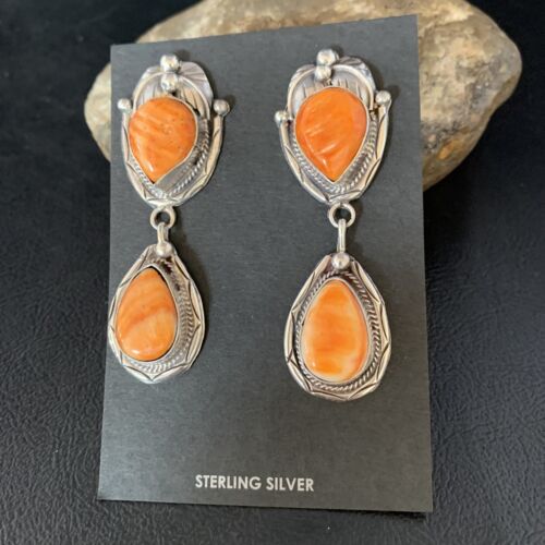 Navajo Orange Spiny Oyster Dangle Earrings | Sterling Silver | Authentic Native American Handmade | 13817