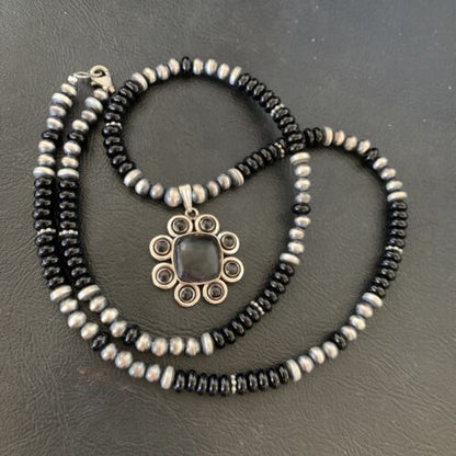 Navajo Pearl Necklace Pendant | Authentic Native American Sterling Silver Black Onyx | Multi-Stone | 22" | 12270