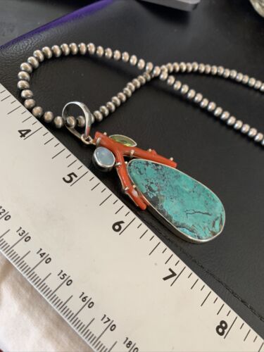 Navajo Pearl Spiderweb Turquoise Coral Pendant Necklace | Authentic Native American Sterling Silver | Multi-Stone | 11812