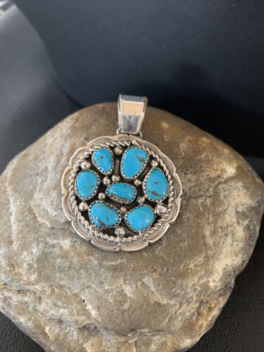 Navajo Blue Turquoise and Multi-Stone Round Cluster Pendant | Authentic Native American Sterling Silver | 2" | 02096