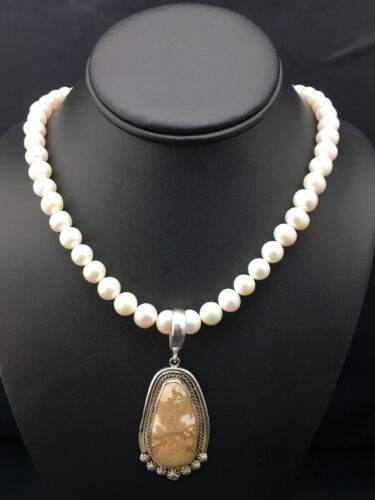 Nevada Turquoise and White Pearl Pendant Necklace | Sterling Silver | 20" | 4390