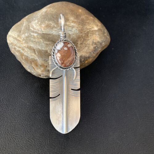 Men's Wild Horse Turquoise Feather Pendant | Navajo Sterling Silver | Authentic Native American Handmade | 13986