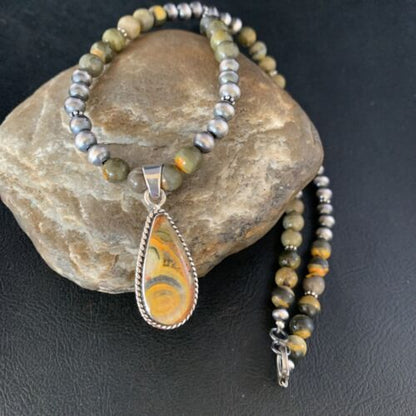 Men's Navajo Pearls Necklace | Gold Bumblebee Jasper Pendant | Sterling Silver | Native American Handmade | 13811