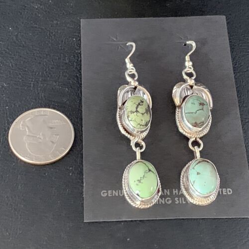 Navajo Green Spiderweb Turquoise Dangle Earrings | Sterling Silver | Authentic Native American Handmade | 13554