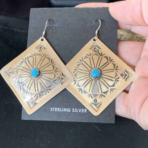 Navajo Blue Turquoise Earrings | Stamped Sterling Silver | Authentic Native American Handmade | 13369