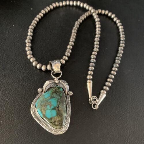 Navajo Spiderweb Turquoise Pendant Necklace | 2.25" | Sterling Silver | Authentic Native American Handmade | 13979