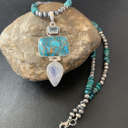 Navajo Pearls Sterling Silver Blue Mojave Turquoise Necklace Pendant | Multi-Stone | 11820