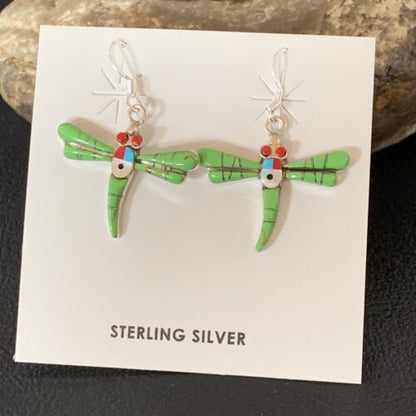 Navajo Dragonfly Earrings | Green Gaspeite, Coral, Mother of Pearl Inlay | Sterling Silver | 1" | 13319 - Masha USA