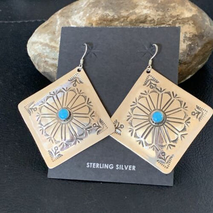 Navajo Blue Turquoise Earrings | Stamped Sterling Silver | Authentic Native American Handmade | 13369