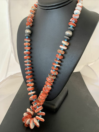 Navajo Red Spiny Oyster & Turquoise Necklace | Sterling Silver Graduated Navajo Pearls | Authentic Native American | 28" | 00912