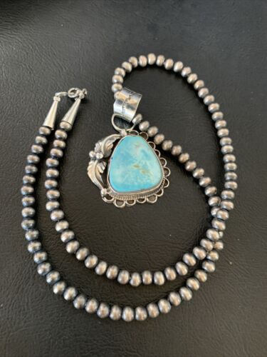 Blue Dry Creek Turquoise Pendant | Navajo Pearl Necklace | Men's Sterling Silver | 12976
