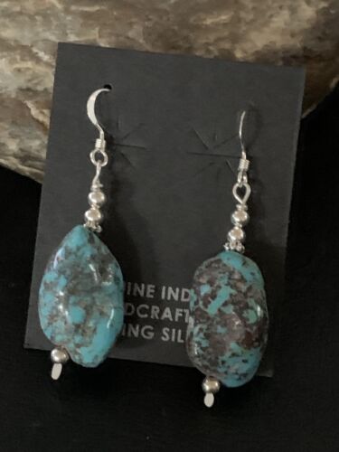 Navajo Turquoise Bead Nugget Earrings | Sterling Silver Pearls | 1" | Authentic Native American Handmade | 12891