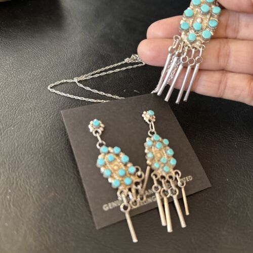 Native American Zuni Kingman Turquoise Necklace Pendant Earrings Set | Sterling Silver | 14487