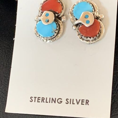 Zuni Snake Earrings | Blue Kingman Turquoise & Red Coral | Sterling Silver | Native American Handmade | 12041