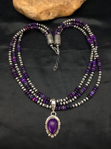 Navajo Pearls Sugilite Bead Necklace Pendant Set | 3-Strand Sterling Silver | 21" | 2885