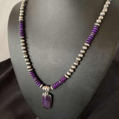 Navajo Pearls Necklace with Purple Sugilite Pendant | Sterling Silver | Authentic Native American Handmade | 11337