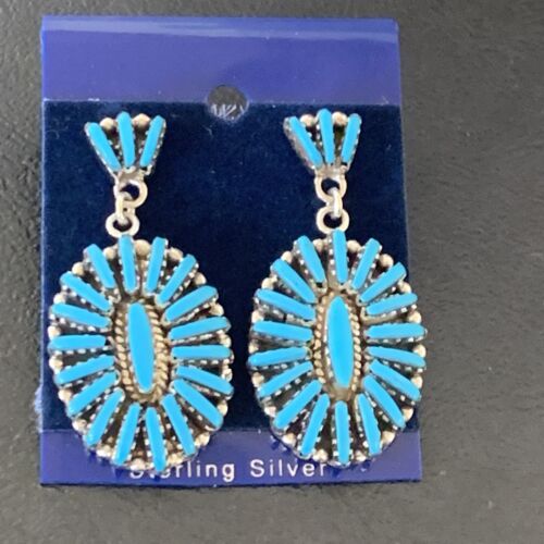 Zuni Handmade Kingman Turquoise Needle Point Dangle Earrings | Sterling Silver | 11663