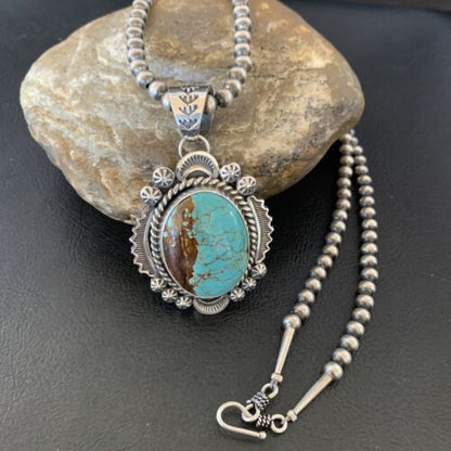 Men's Navajo Pearls Necklace | Sterling Silver | Blue #8 Turquoise Pendant | Authentic Native American Handmade | 10867