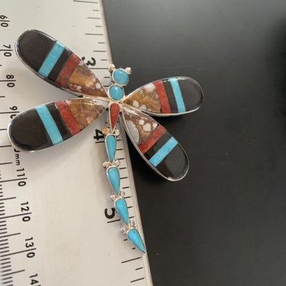 Zuni Wild Horse Turquoise Inlay Dragonfly Pin Pendant | Sterling Silver | 2077