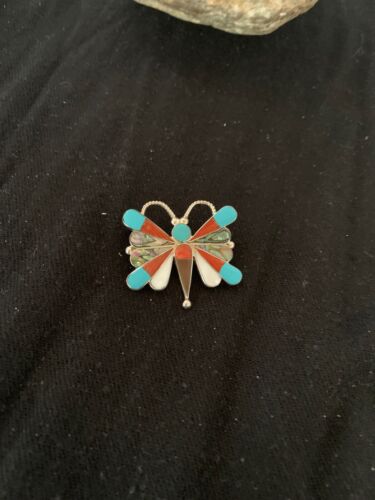 Zuni Butterfly Pin Pendant | Turquoise & Mother of Pearl | Sterling Silver | Authentic Native American Handmade | 4695 - Masha USA