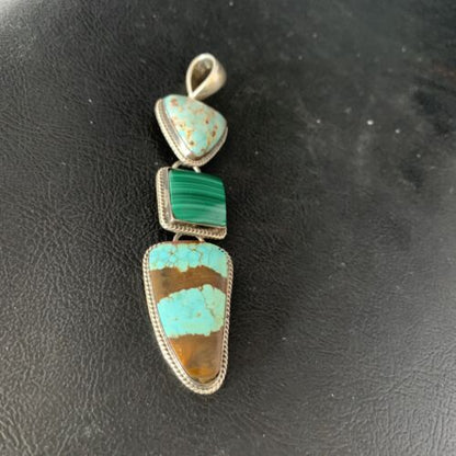 Navajo Pearls Necklace Pendant | Sterling Silver | Blue Turquoise #8 Malachite | Native American Handmade | 13500