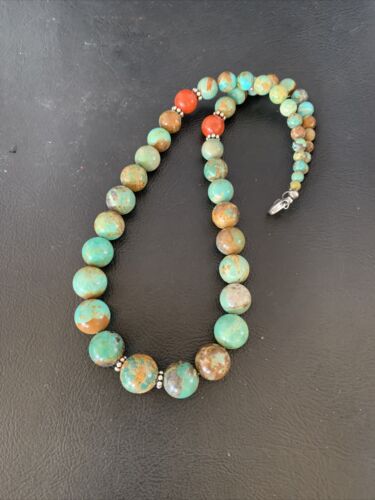 Navajo Green Turquoise & Apple Coral Graduated Necklace | Sterling Silver | Authentic Native American | 18" | 13206