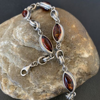 Navajo Deep Gold Amber Link Bracelet | Sterling Silver | 8.25" | Authentic Native American Handmade | 12656