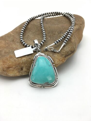 Men's Blue Turquoise Pendant | Navajo Pearls Sterling Silver Necklace | Authentic Native American Handmade | 3915
