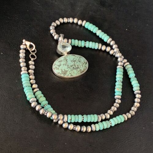 Navajo Pearls Necklace with Blue Spiderweb Turquoise Pendant | Sterling Silver | 13910